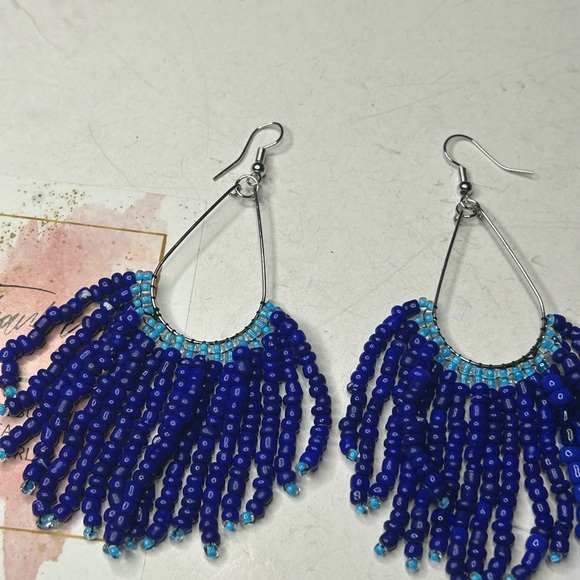 Vibrant Blue Beaded Fringe Earrings - Picture 3 of 3